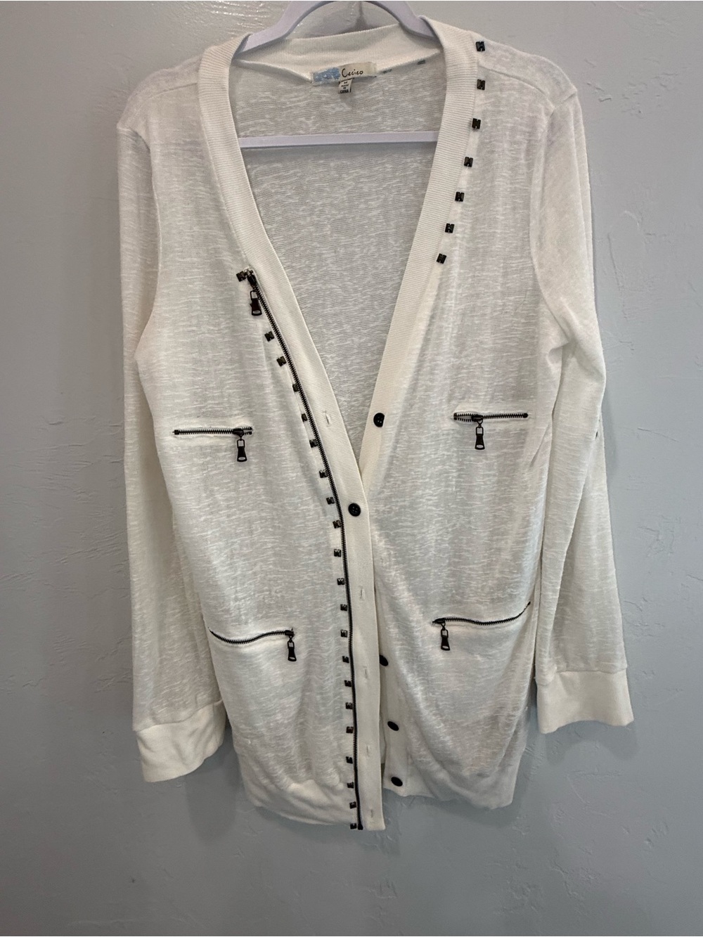 Cecico White Cardigan with Black Zip Trim
